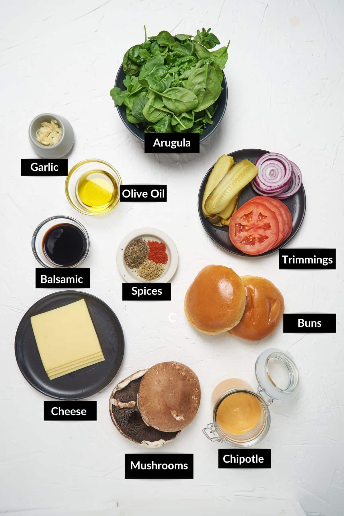 ingredients for Portobello burger on a white table