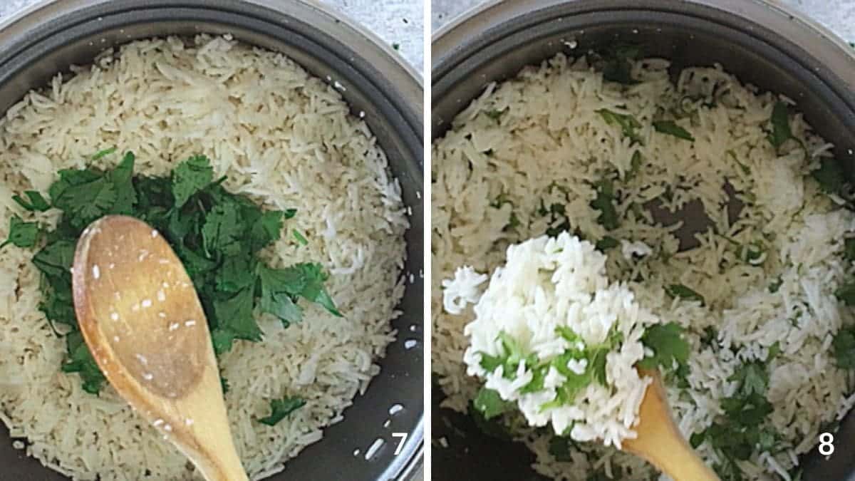 overhead shot of steps 7 & 8 for Cilantro Lime Rice Like Chipotle