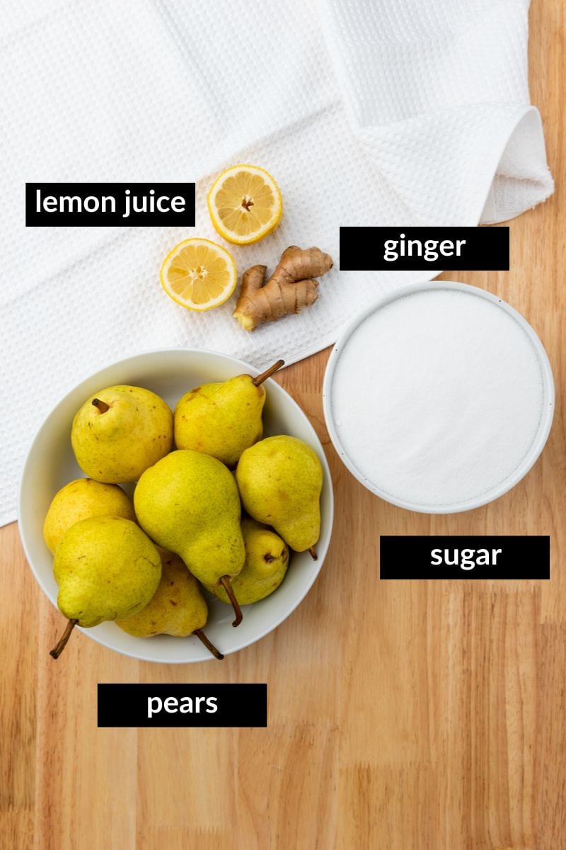 image of ingredients for pear ginger jam that are labled