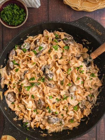 overhead view of pot of stroganoff