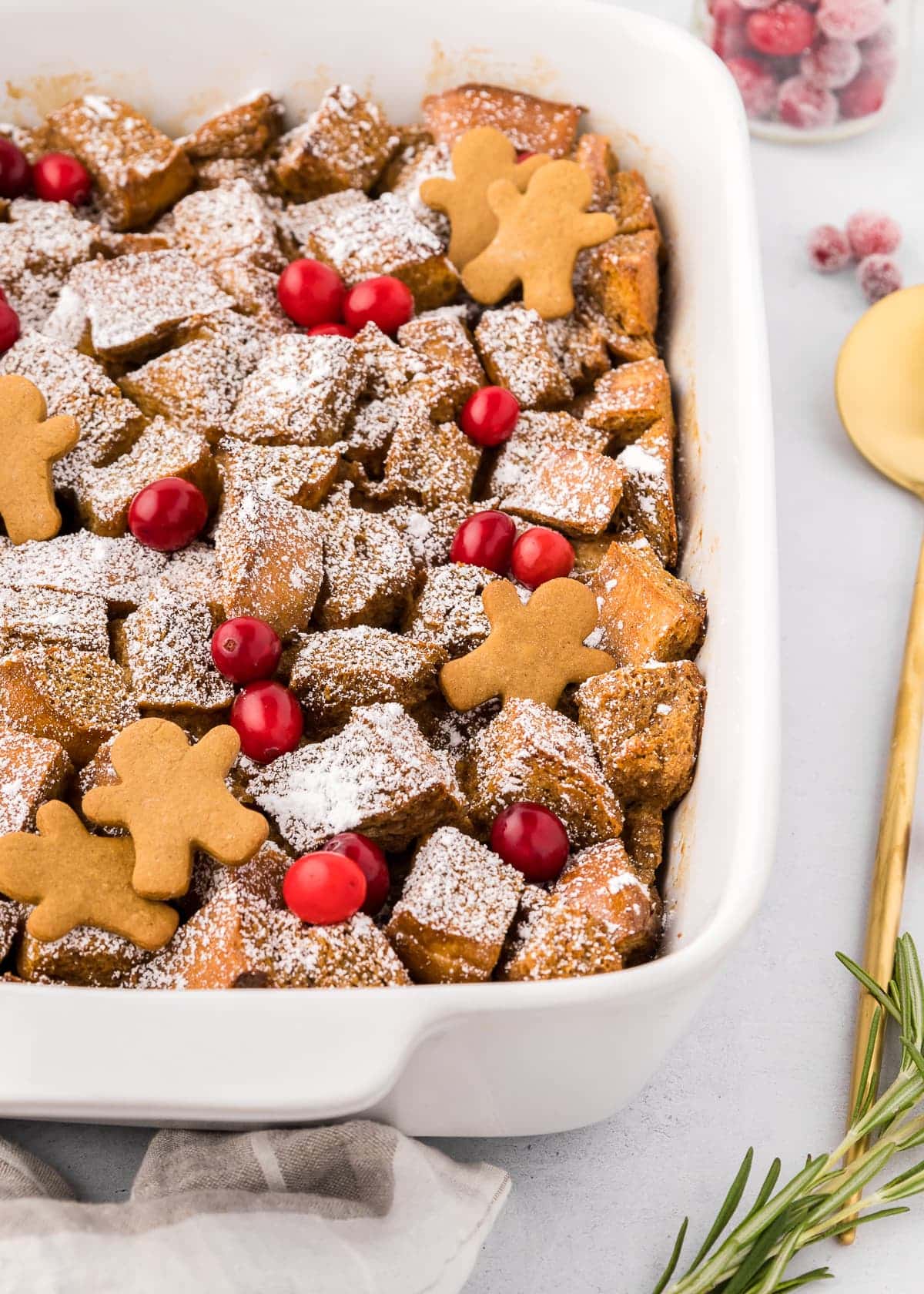 closeup overhead gingerbread french toast casserole