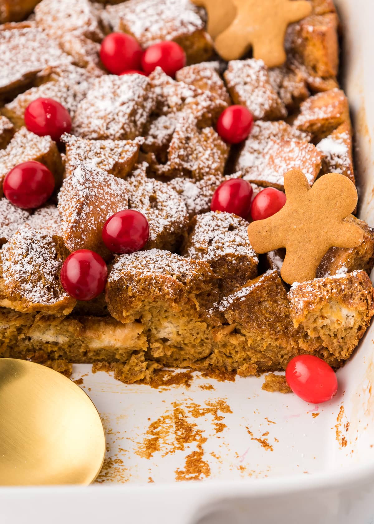 closeup of french toast bake with a scoop taken out 