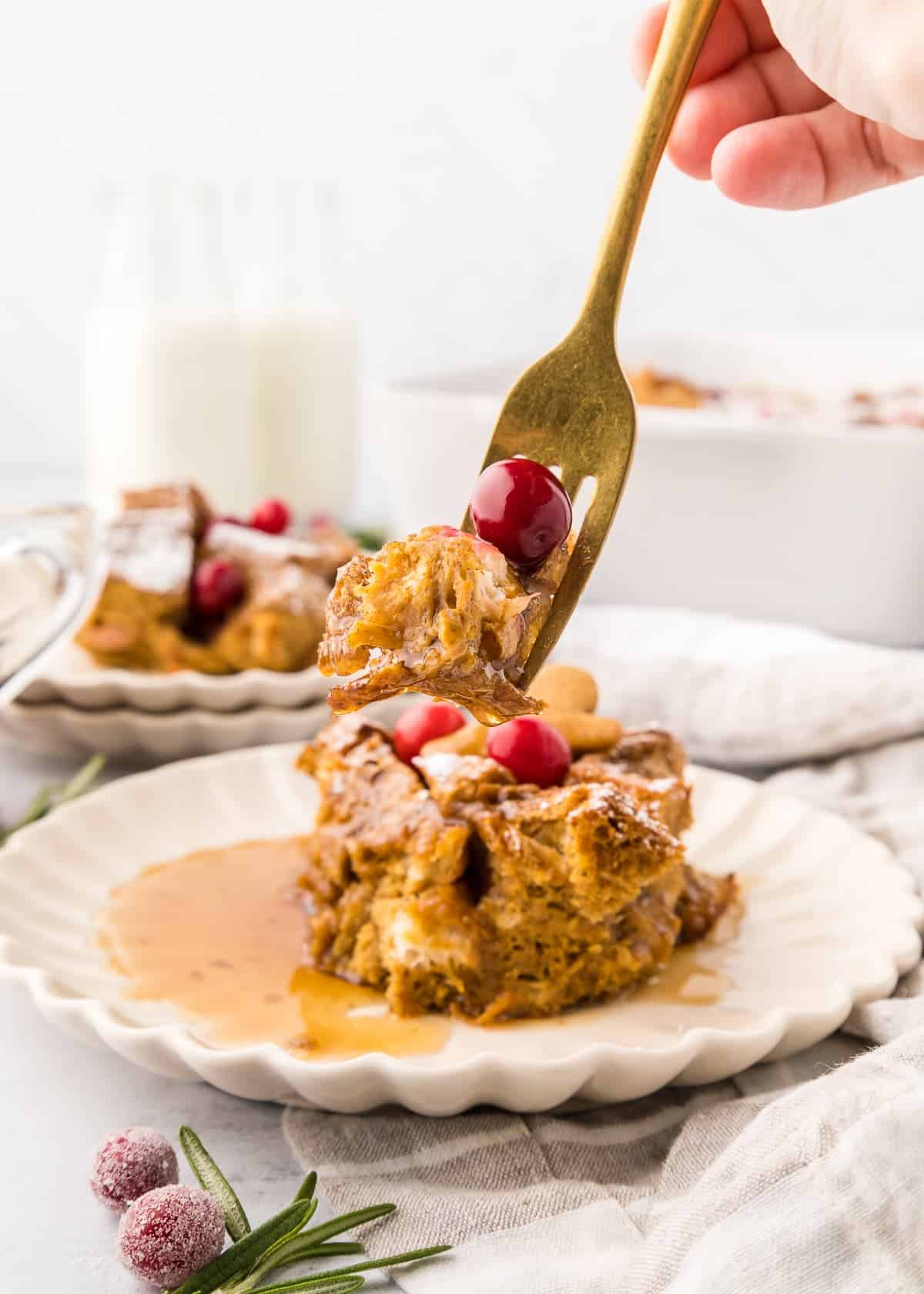 forkful of vegan French toast casserole