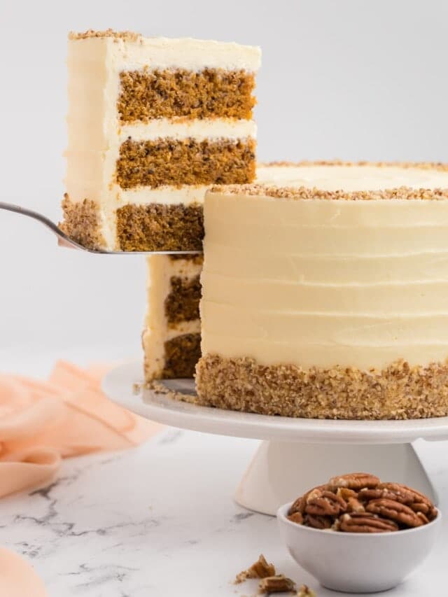 gluten-free-vegan-carrot-cake on a white cake plate