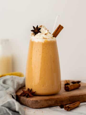 vegan pumpkin smoothie on a cutting board